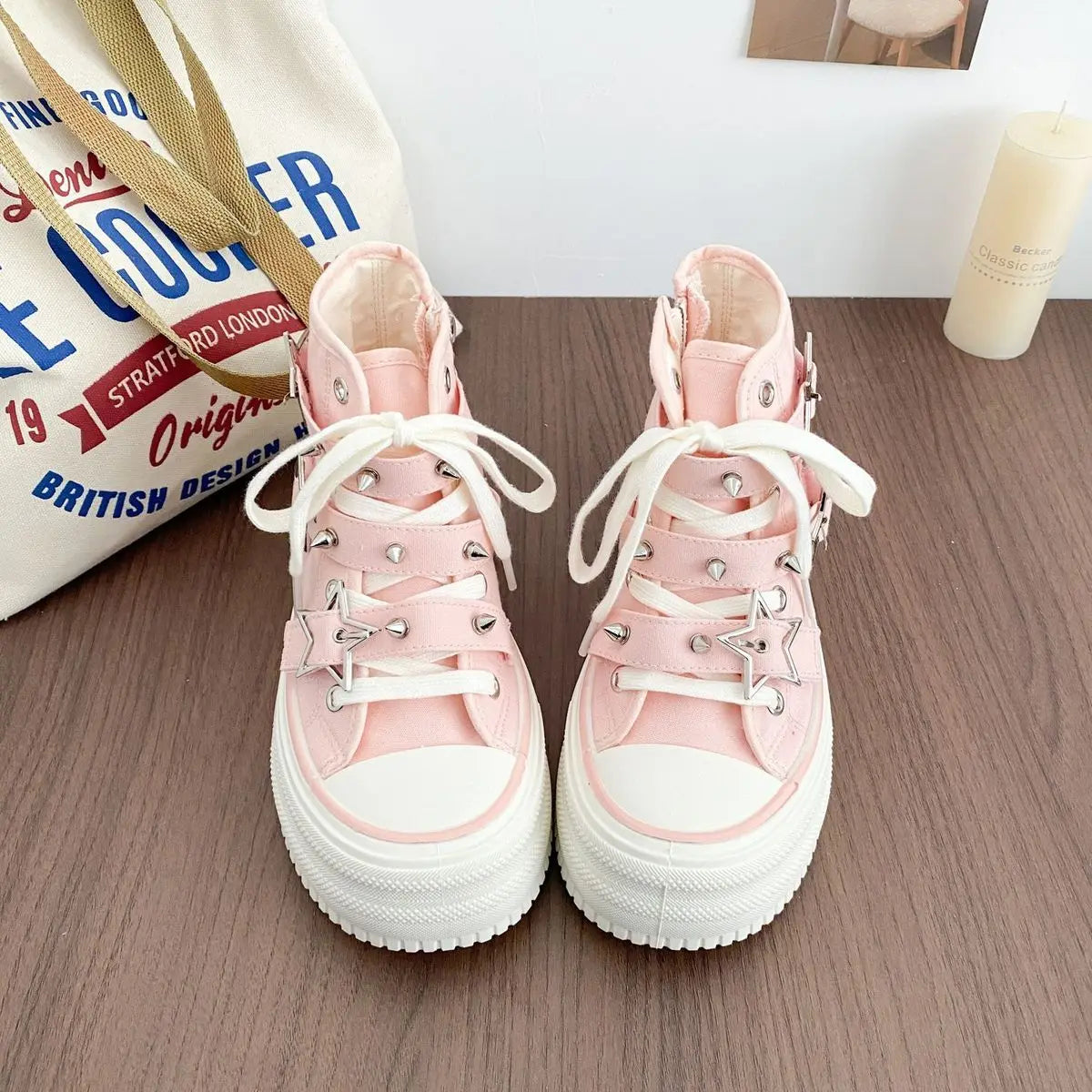 Y2K Pink High-top Canvas Shoes for Women Design Rivet Buckle Lace-up Platform Women's Summer Sports Shoes Fashion Board-shoe