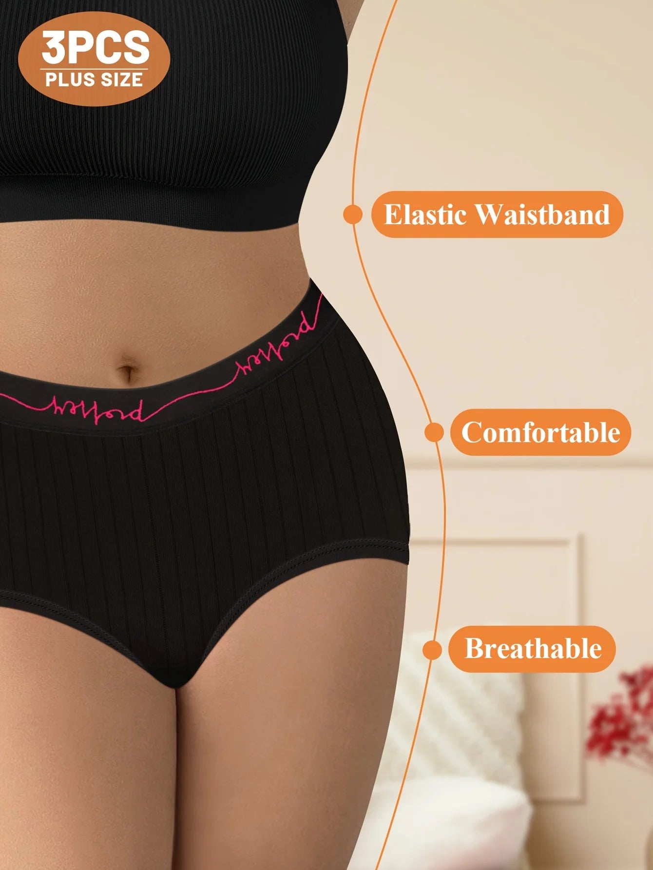 3pcs MIOTAN Plus Size Women's Mid-Rise Panties, Soft Breathable Polyester Blend with Elastane, Elegant Vertical Stripe and Lette