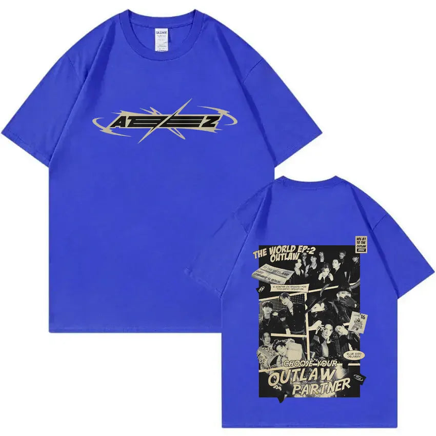 Hot Korean Kpop ATEEZ The World Ep: 2 Outlaw T-shirt 2025 World Tour Towards The Light Will To Power Tshirt Male Fashion Tees