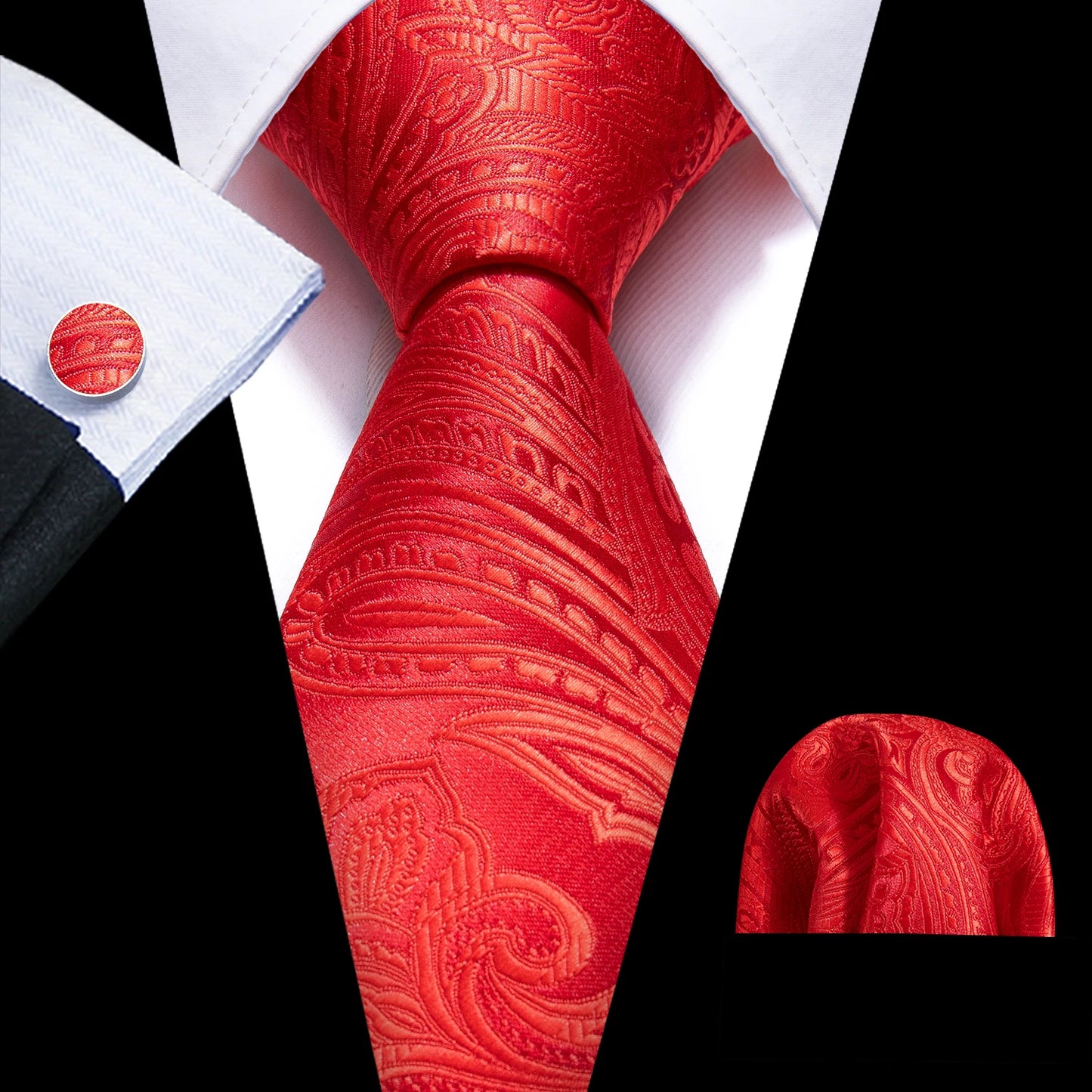 Exquisite Rust Red Silk Ties For Men Designer Pasiley High Quality Handkerchief Cufflinks Set Wedding Party Business Barry.Wang BAZAARHUBO