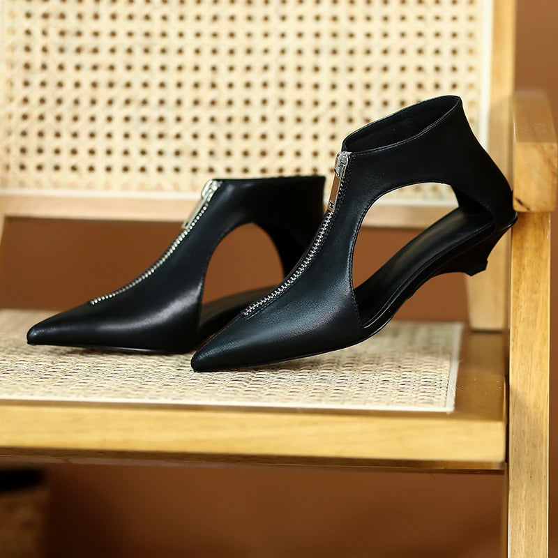 Original Design 2025 Spring Leather Women's Casual Black White Summer Boots Trendy Fashion Boots High Heels Zipper Shoes Woman