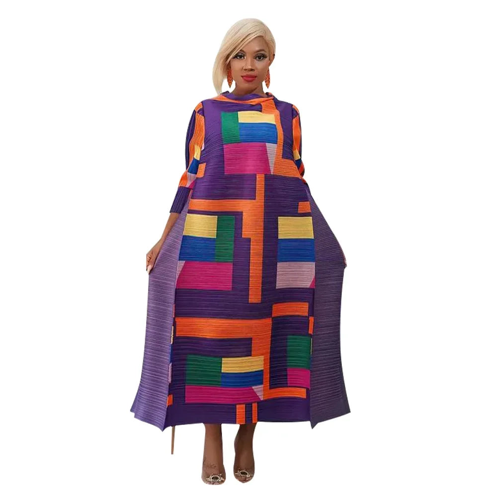 African Dresses for Women Summer Fashion Style African 3/4 Sleeve Polyester O-neck Pleated Dress Dashiki African Clothes Women