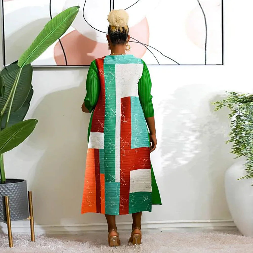 African Dresses for Women Summer Fashion Style African 3/4 Sleeve Polyester O-neck Pleated Dress Dashiki African Clothes Women