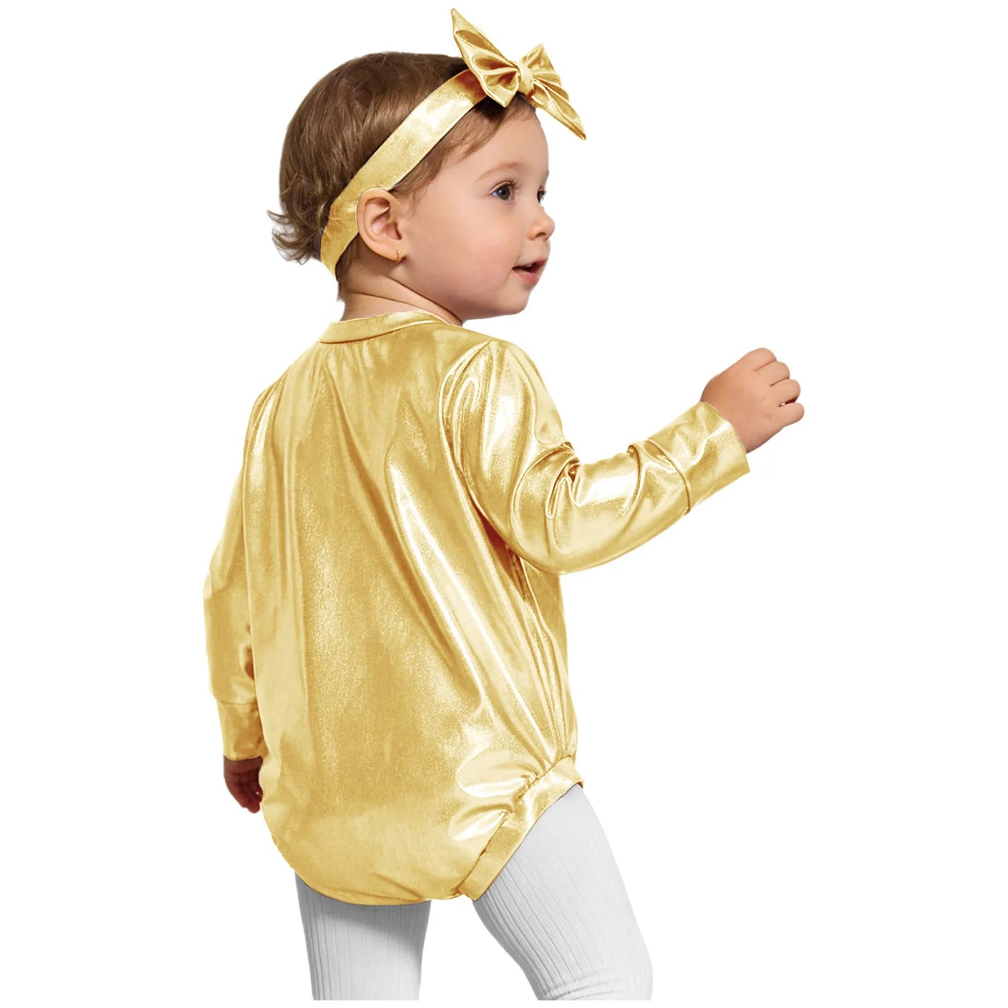 Baby Girls Long Sleeve Metallic Shiny Buttons Crotch Romper with Bow Headband Birthday Theme Party Photography Outfit Daily Wear