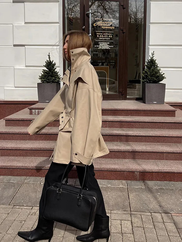 Solid Oversized Tie-waist Cropped Trench Coat Women Drop Shoulder Outerwear 2026 Lady Spring Modern Edgy Fashion Streetwear Coat