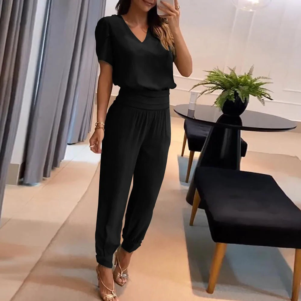 New Women's Summer Tracksuits Pant Sets Fashion Casual V-neck Print Short Sleeve T-shirts and Trousers 2 Piece Sets Women Outfit