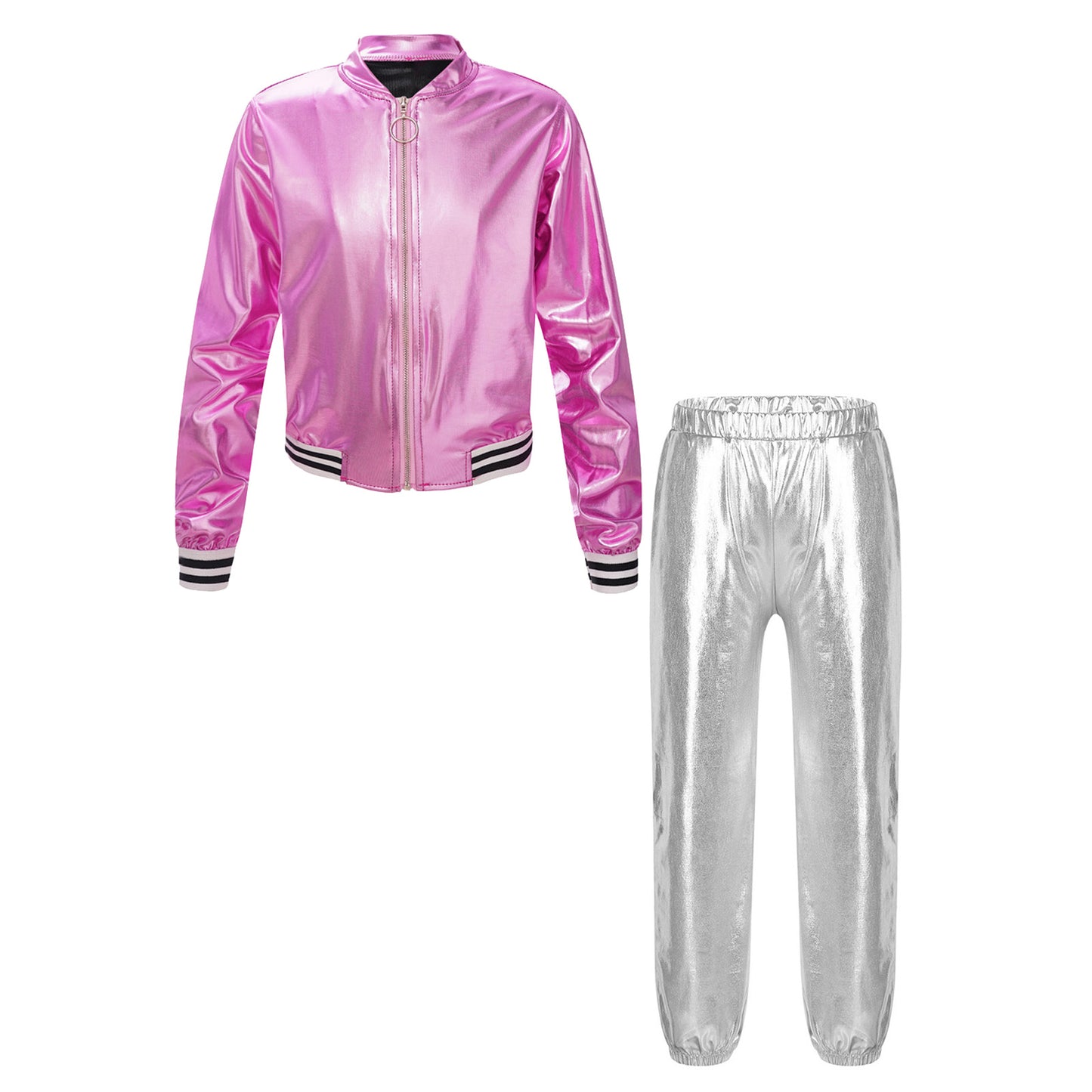 Kids Girls Sports Outfits Jazz Hip Hop Street Dance Costume Shiny Metallic Long Sleeves Bomber Jacket Coat with Pants Streetwear