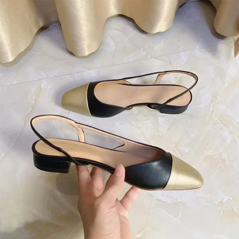 2023Spring Autumn Fashion High Heels Sandals Women's Dress Square Toe Slingback Shoes Women's Color Block Back With Flat Sandals