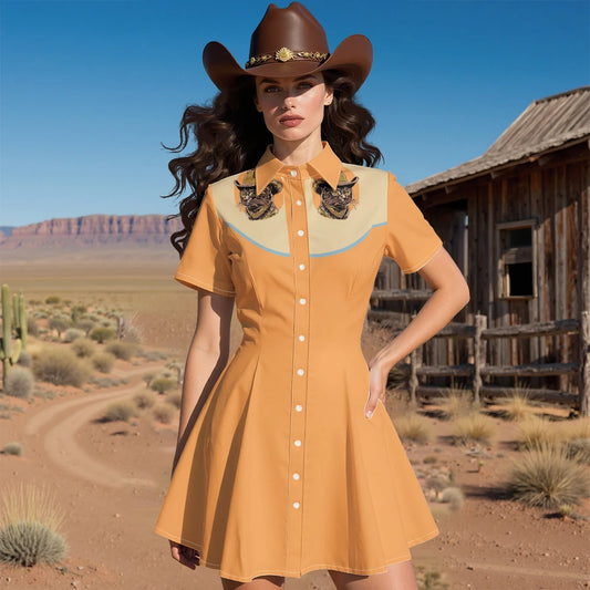 Bohemian Western Dress for Women Orange Cotton Button Front Dress Vintage Desert Safari Style Maxi Dress for Adventure Holiday