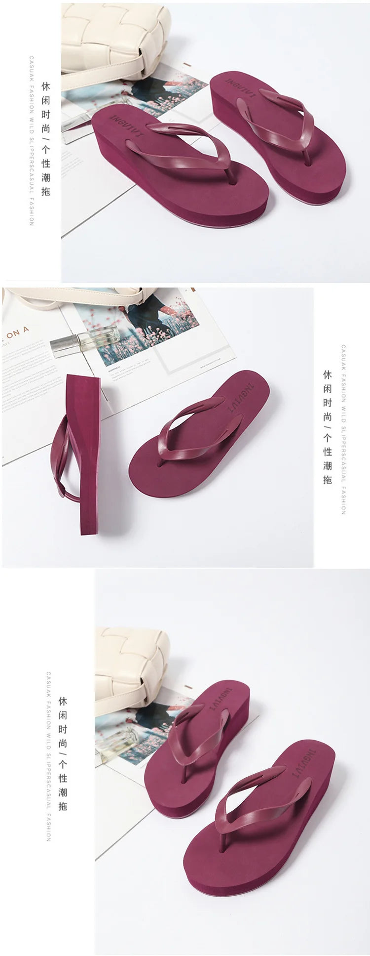 EOFK Women Flip Flops Wedges Casual Shinny Beach 3.5 Cm Height PVC Solid Summer Outside Slippers Soft Shoes
