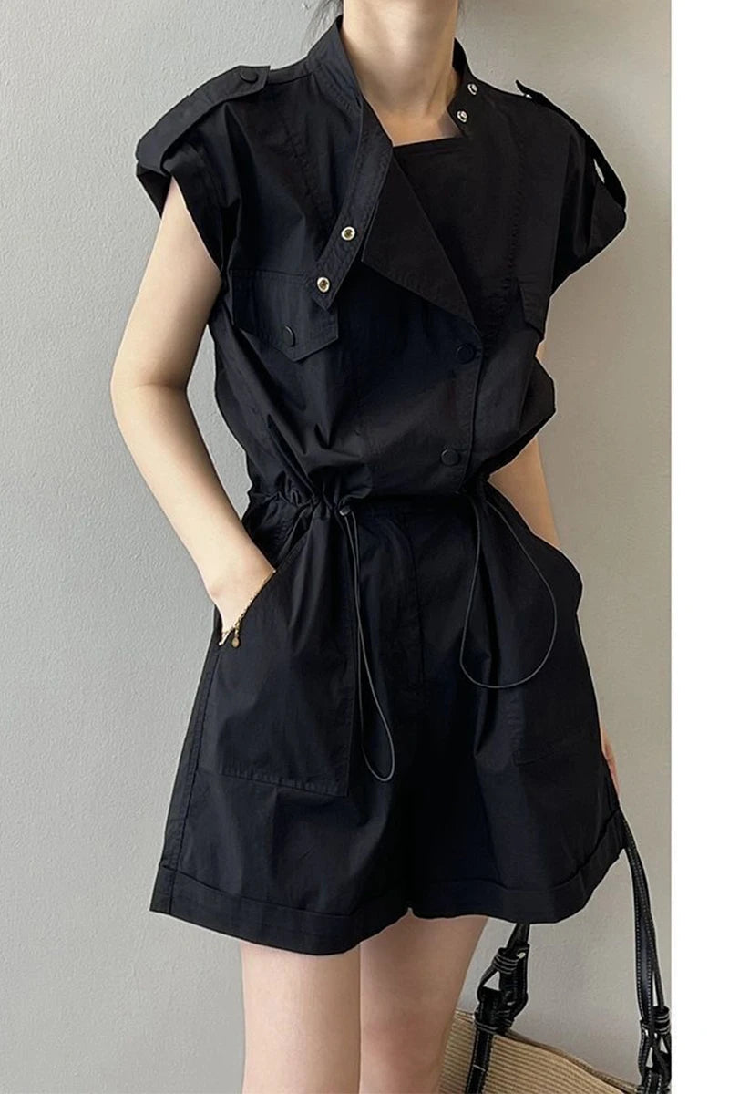 Fashionable Thin Short Pants Jumpsuit Set High Waist Commute Style Tassel Detail Straight Leg Jumpsuit for Summer