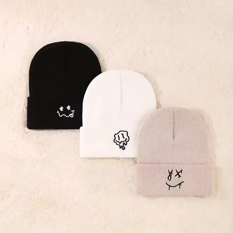 1pc/3pcsWinter and autumn warm-up hat with embroidered smiling face woolen hat for men and women, knitted for casual and active BAZAARHUBO