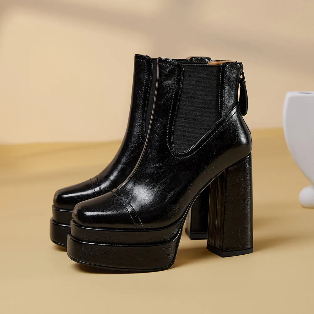 Aucegi Women Genuine Leather Back Zipper Ankle Boots Fashion Square Toe Platform Thick High Heels Party All Match Casual Shoes