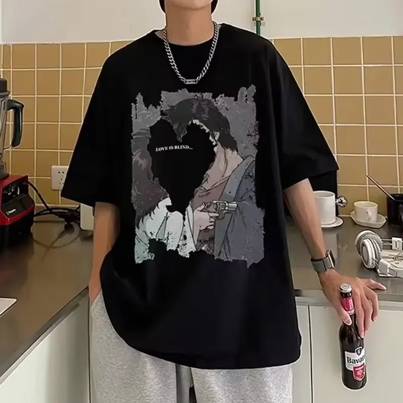Men's t-shirts Retro Baggy Print O-neck Fashion Teen Streetwear Y2k t shirt College Simple Summer Oversized Short sleeve Tee Top