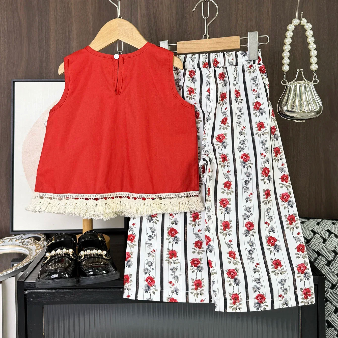 Summer Casual Girls Clothes Korean Version Fashion Simple Children Red Sleeveless Tassel Top+Flower Print Pants 2 Pcs Suit