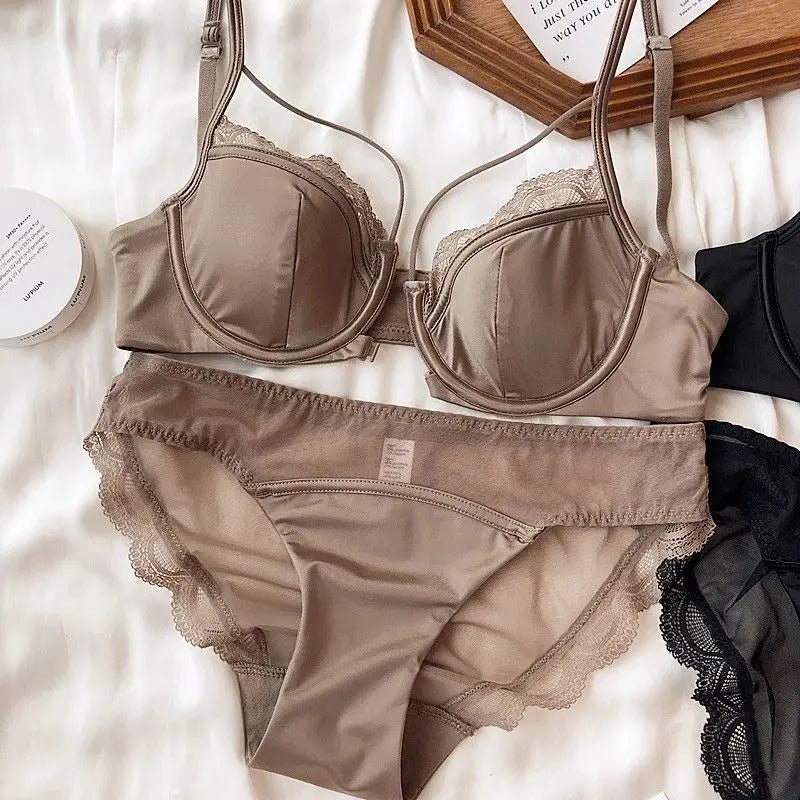 French Women's Lace Seamless Underwear Women's Thin Summer Sexy Lace Satin Anti-sagging Push-up Bra Set Underwear Women Set