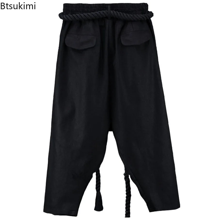 Men's Summer Black Linen Harem Pants Nightclub Stage Baggy Trousers With Rope Belt Mens Gothic Punk Hip Hop Joggers Street Wear