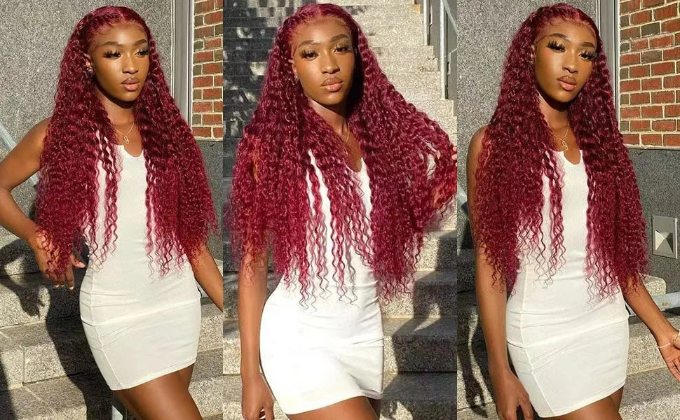 Burgundy 13x6 Hd Lace Front Human Hair Wig Curly Wig Red Wigs 40 Inch Transparent Lace Deep Wave Frontal Wig 99j 200 Density