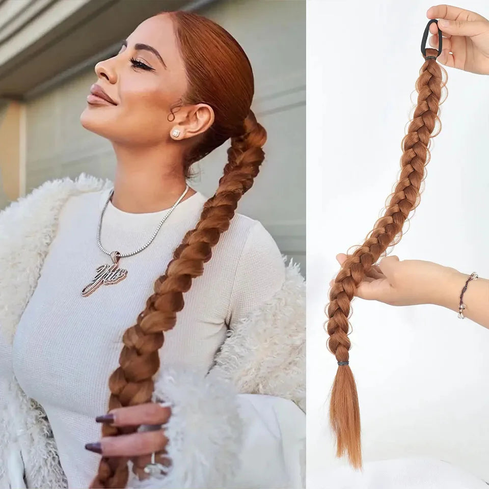 Synthetic Braided Ponytail Hair Extension With Rubber Band Boxing Braids For Women Hair Accessories 24Inch Long Black Braids