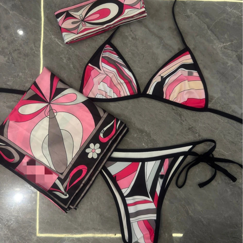Hot Sales Latest Fashion Luxury 3 Pieces Swimsuit With Headband Beach Scarfs 2026 Summer Sexy Women Bikini Designer Swimwear