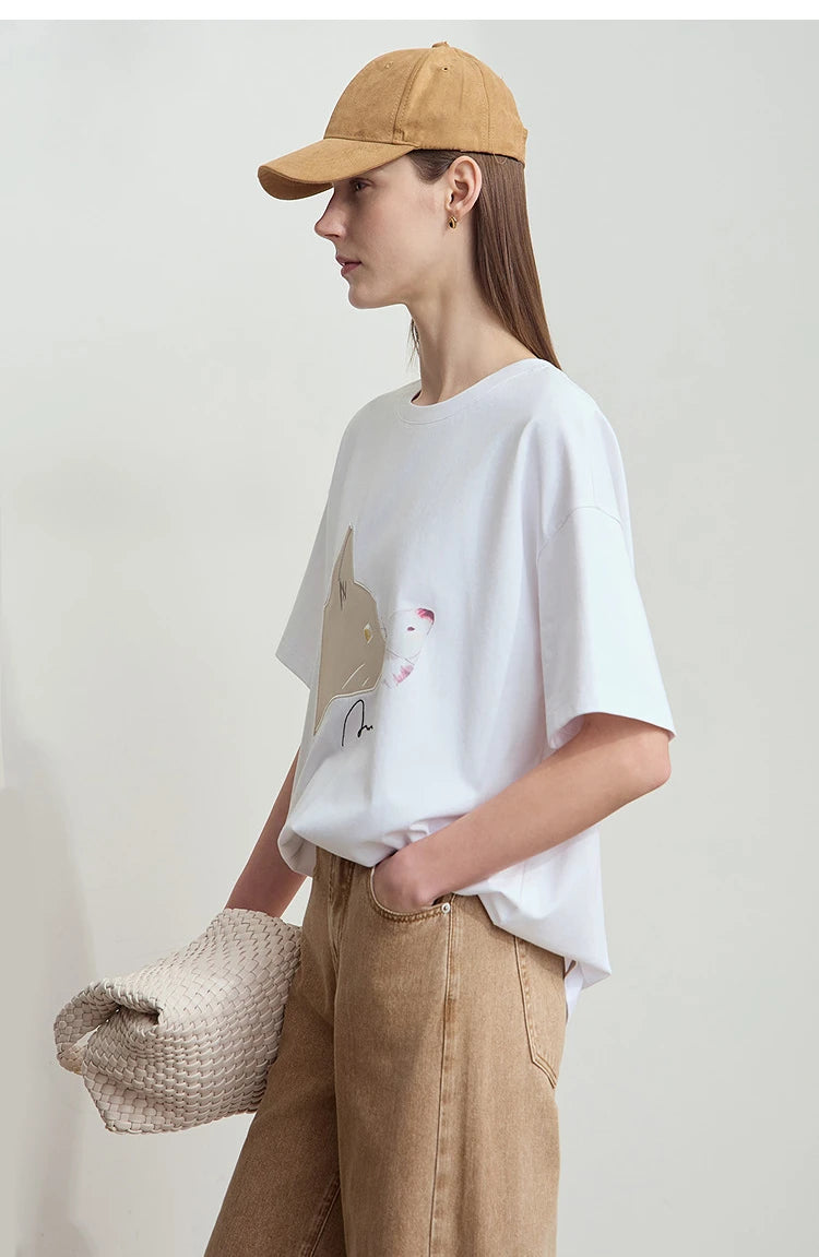 AMII Summer Casual T-shirt for Women 2025 Print Round Neck Short Sleeve Shirts Lady Fashion New Loose Clothes Woman 12522007