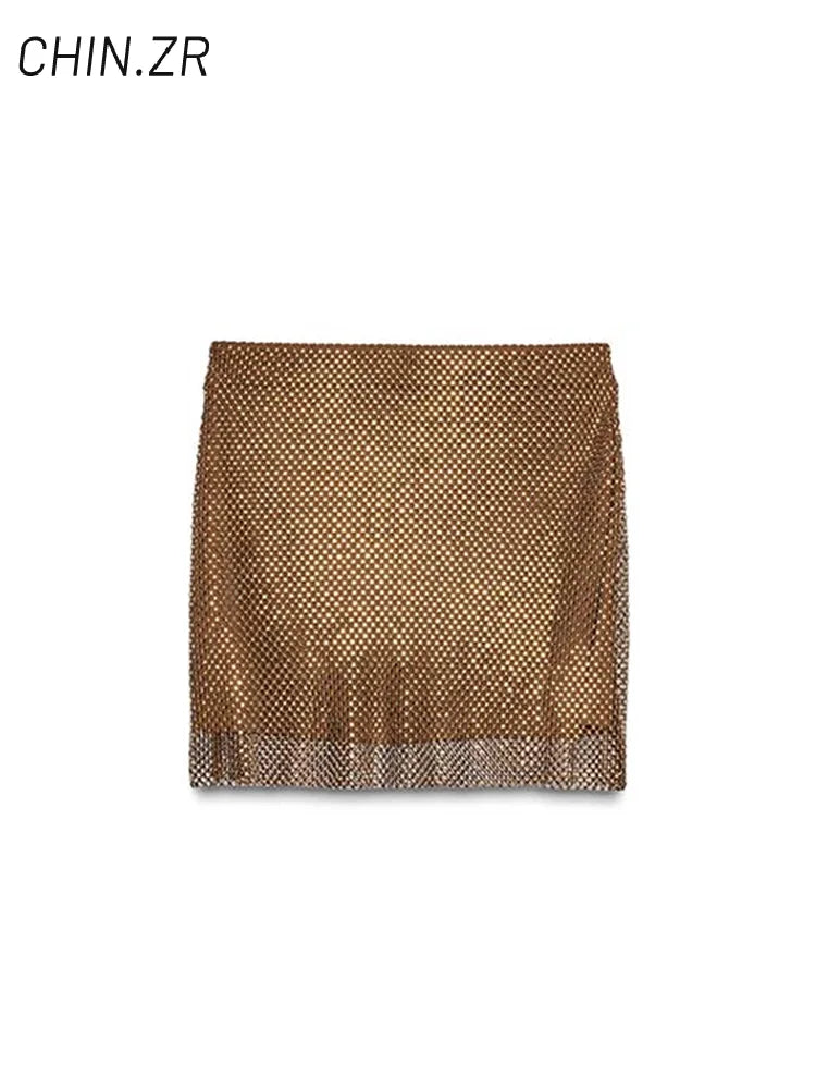 Sexy Rhinestone Strapless Vest Mini Skirt Sets Women Pleated Sleeveless Backless Tops Short A-line Skirts 2025 Summer Lady Suits