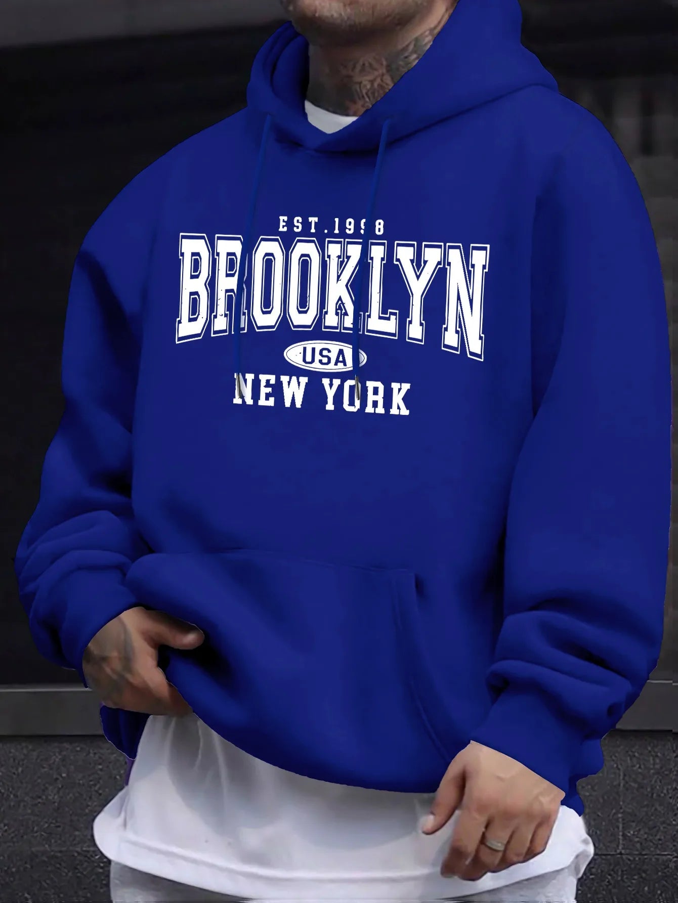 Men's autumn and winter casual fashion loose Brooklyn New York letter printed long sleeved hooded sweatshirt warm pullover BAZAARHUBO