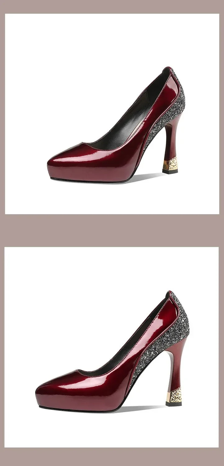 2025 Spring New Pointed Shallow Patent Leather High Heels Fashion Elegant Shoes for Women Thin Heel Platform Work Pumps Zapatos