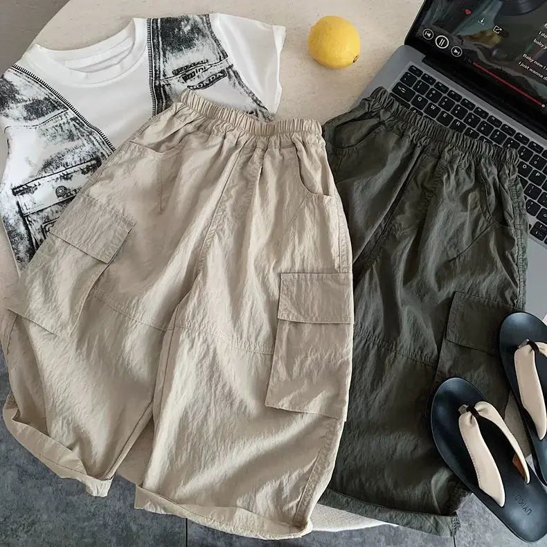 Kids Casual Cargo Shorts Loose Fit Solid Color Multi-Pocket Trousers
