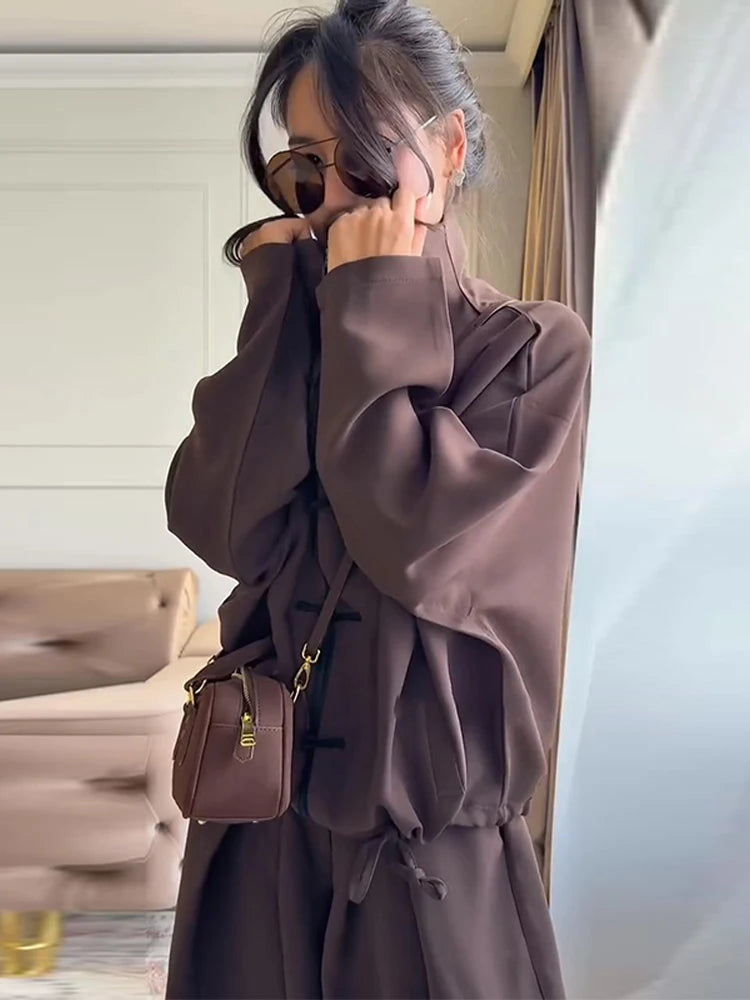 Casual Zipper Shirt Pants Suit Women Solid Button Stand Collar Drawstring Shirts Loose High Waist Trousers 2026 Spring Set Lady