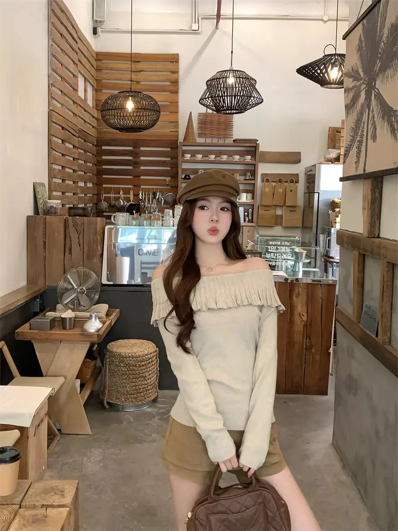 Women's Solid Color Slash Neck Ruffles Sweater Short Pullover Korean Fashion Chic Retro Style for Autumn Winter