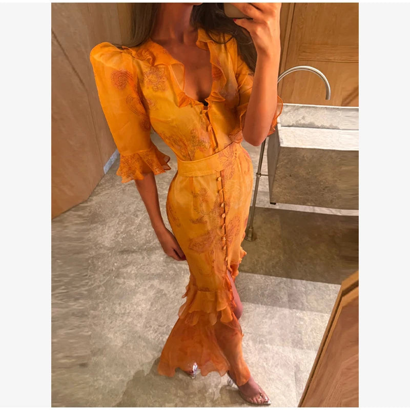 Chic Floral Puff Sleeve Women Maxi Dress Sexy V Neck Button Down Ruffle Slit Vestidos 2026 Summer New Lady Daily Party Sundress