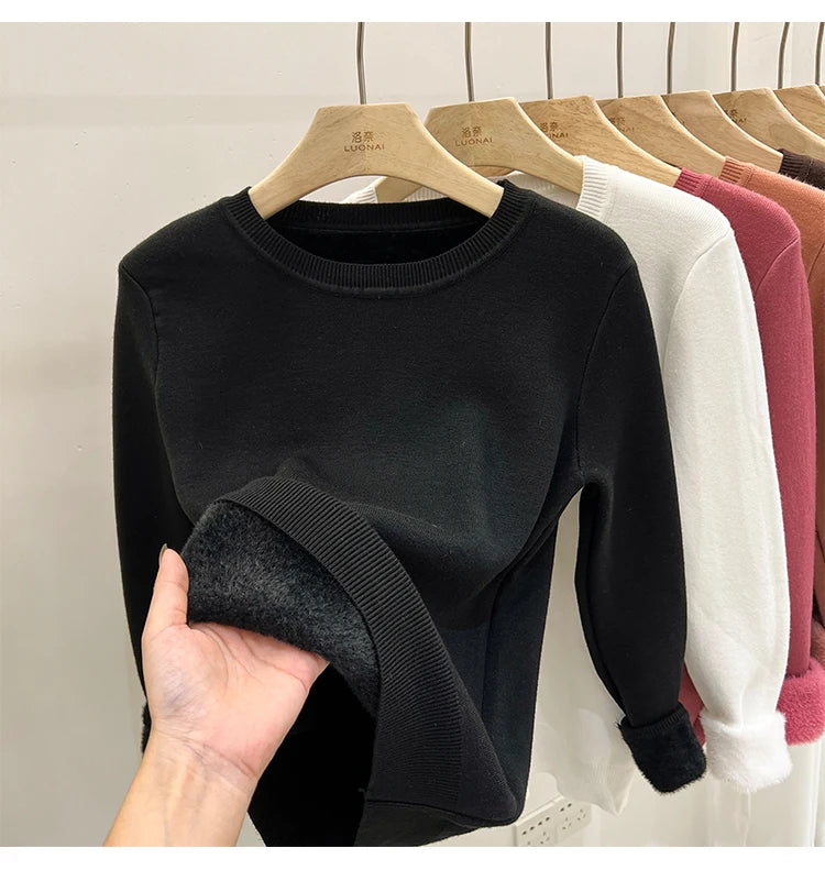 Women's O-neck Velvet Thicken Sweaters Winter Slim Warm Long Sleeve Knitted Tops Casual Plush Fleece Lined Soft Pullovers Ladies