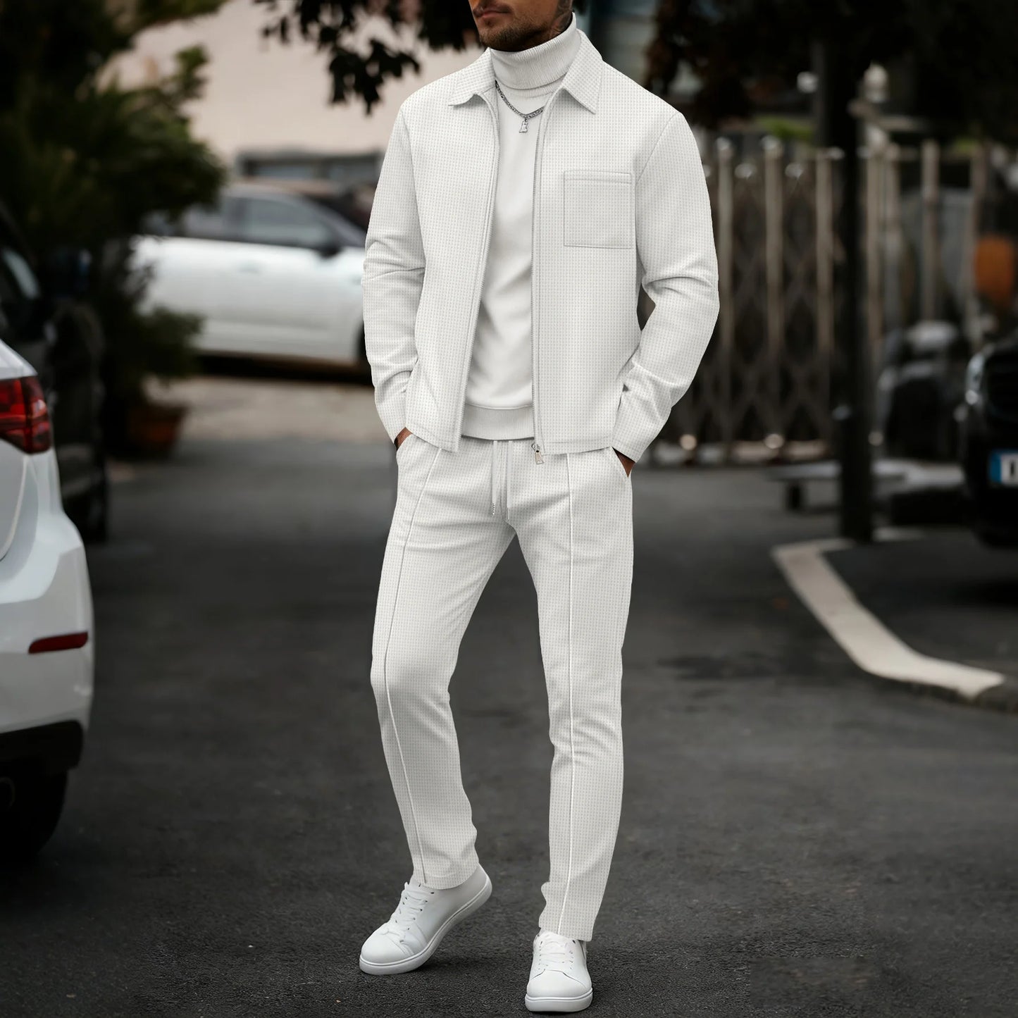 Mens Casual 2 Piece Set Waffle Texture Zip Up Jacket + Elastic Waist Trousers Comfortable Lightweight Suit for All