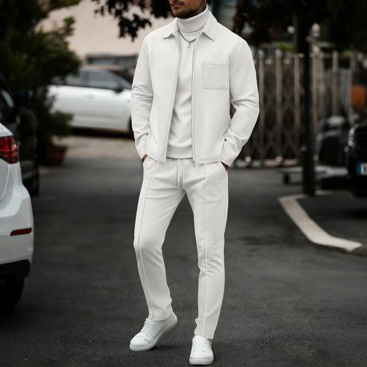 Mens Casual 2 Piece Set Waffle Texture Zip Up Jacket + Elastic Waist Trousers Comfortable Lightweight Suit for All