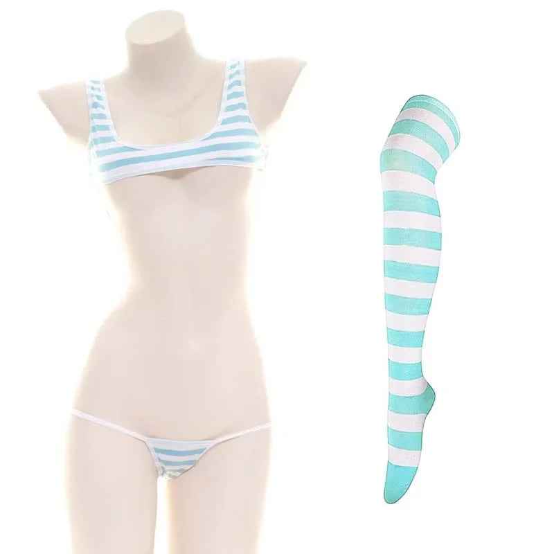 Sexy Women Underwear Set  Striped Bikini Thigh High Stocking Swimsuit Erotic Costumes Cosplay Japanese Anime Bra Briefs