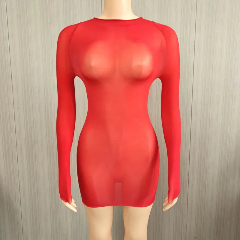Sexy Ultra-Elastic Perspective Thin Long Sleeved Dress Dress Self-cultivation Women Clothing Tight-fitting Multiple Styles Dress