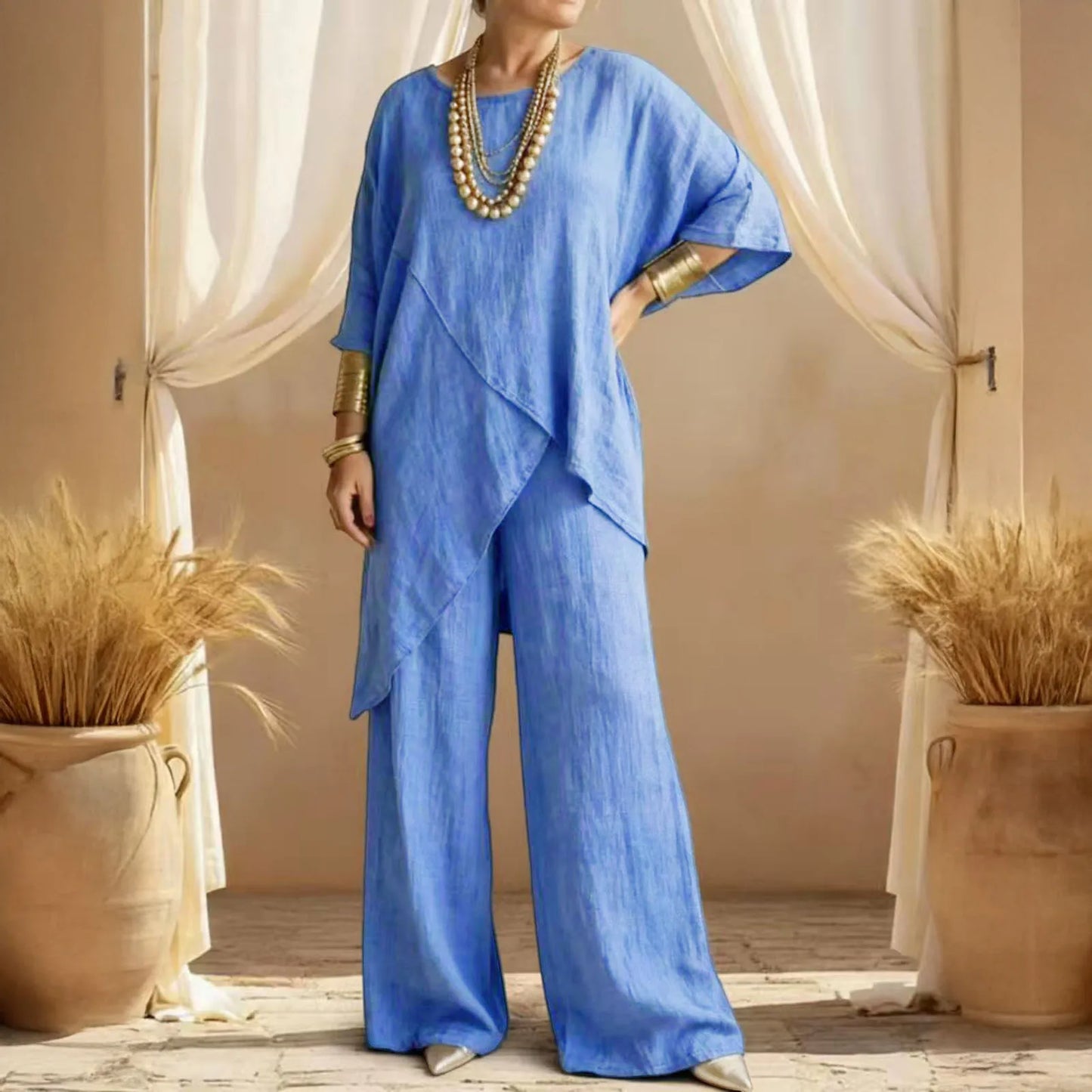 Women's Cotton Linen 2-piece Sets Large Size Casual Wear Sportswear Suit Short-Sleeved O-Neck Top Wide Leg Pants Suits For Women