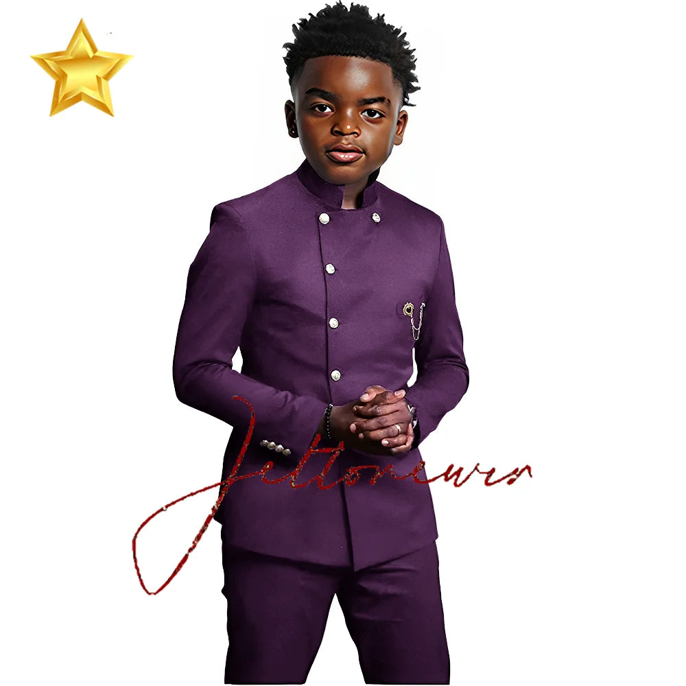 Elegant African Style Boy's Suit Stand Collar Blazer and Pants 2 Piece Casual Business Kids Wear