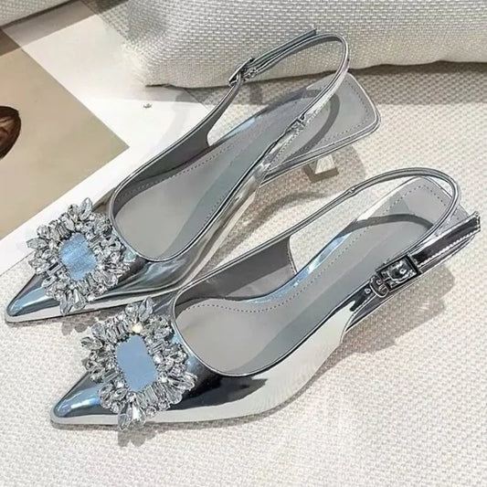 Baotou Fine Heel Patent Leather Sandals Women's Summer Pointed Toe Shallow Mouth Rhinestone Buckle Non-slip High Heels