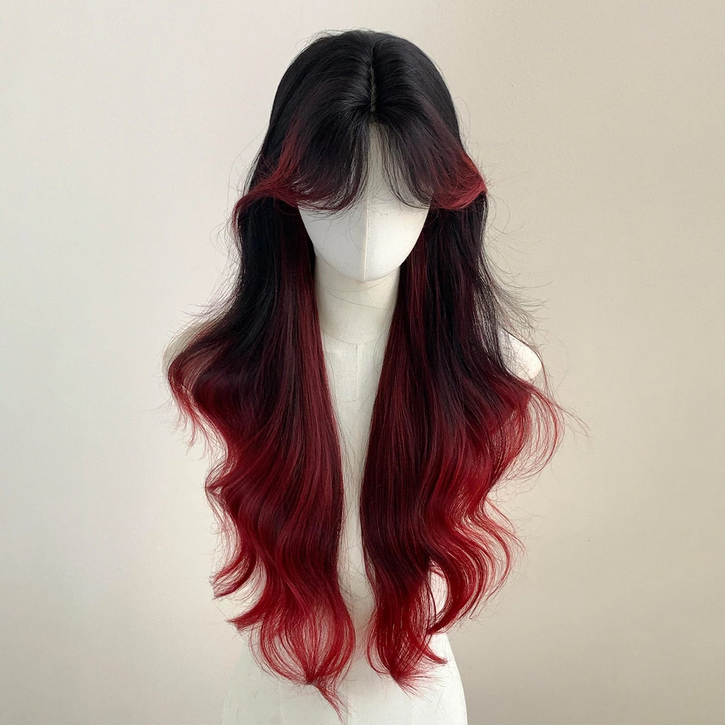 Red Black Ombre Wig Paris Female Long Curly Hair Lace Front Headband Wig Lolita Heat Resistant Synthetic Wigs for Daily Use
