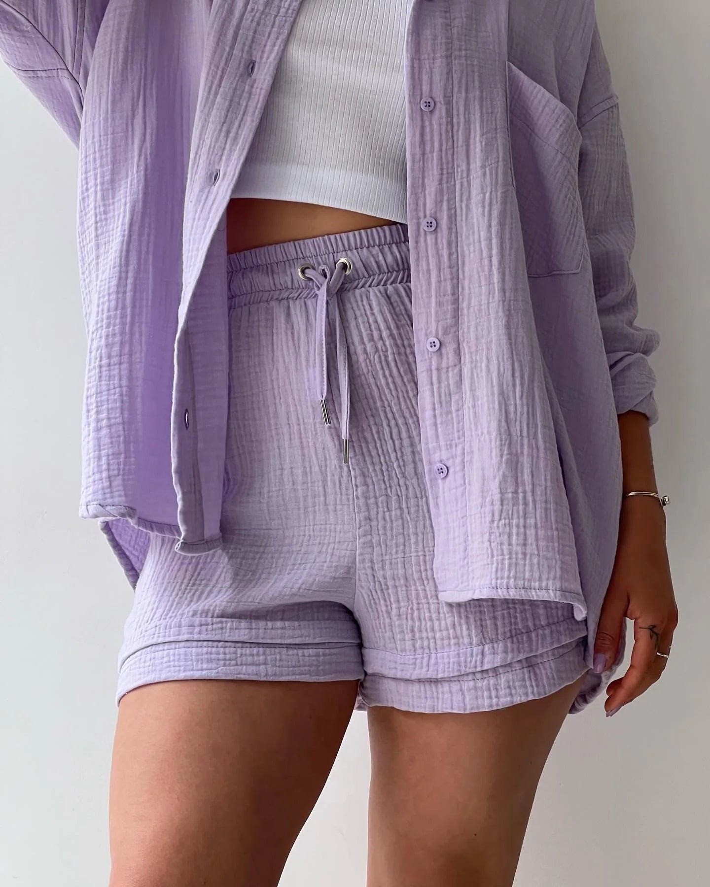 Casual Sleepwear 100% Cotton Pajamas For Women Sets Suit Turn-Down Collar Nine Quarter Sleeve Sleep Tops Shorts Female Homewear