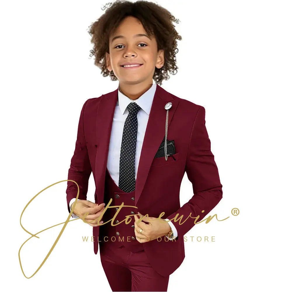Boys Suit Peak Lapel 3 Pieces Jacket Vest Pants Black Formal Tuxedo Child Blazer Party Dress Wedding Set conjuntos de blazer