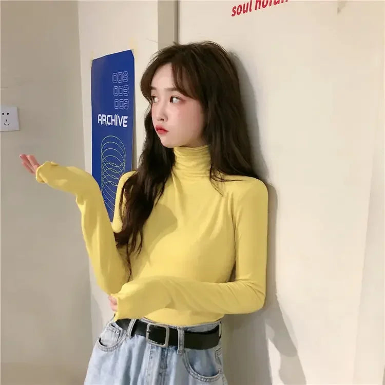 YSZWDBLX Women T-shirts Autumn Winter Modal Bottoming Shirt Warm Turtleneck Inner Wear Korean Casual Slim High Strecth Tops