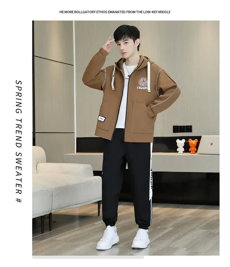 Hooded Jackets And Pants Two Piece Men's Sets 2026 Spring Autumn Youth Streetwear Tracksuits Outdoor Top Coats & Jogger Clothing