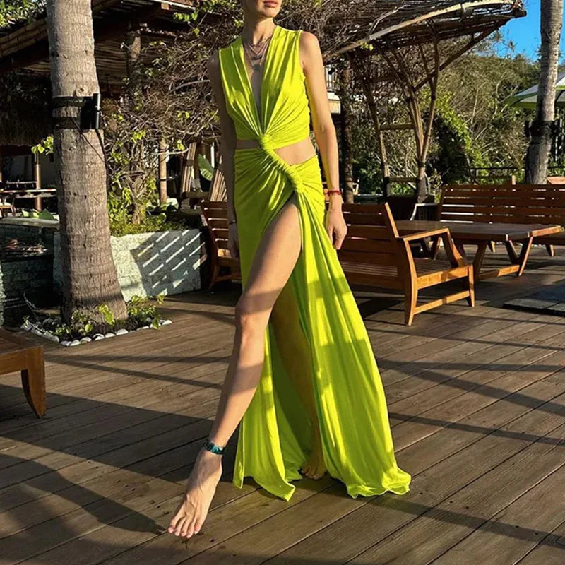 New Summer Elegant Women Sexy Deep V Cut Out Slit Maxi Dress Fashion Casual Sleeveless Waist Hollow Out Outfits Lady Long Dress