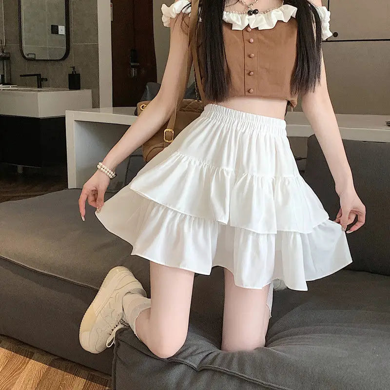 Ruffled Cake Skirts for Women High-waisted A-line Solid All-match Sweet Lovely Girls Korean Style Gentle Spring Kawaii Casual