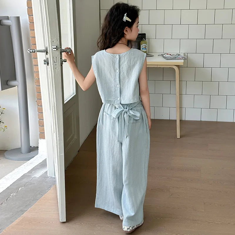 Vest Suit Solid Color Simple Casual Loose All-match 2025 Summer New Fashion Vest Wide Leg Pants Two Piece Set