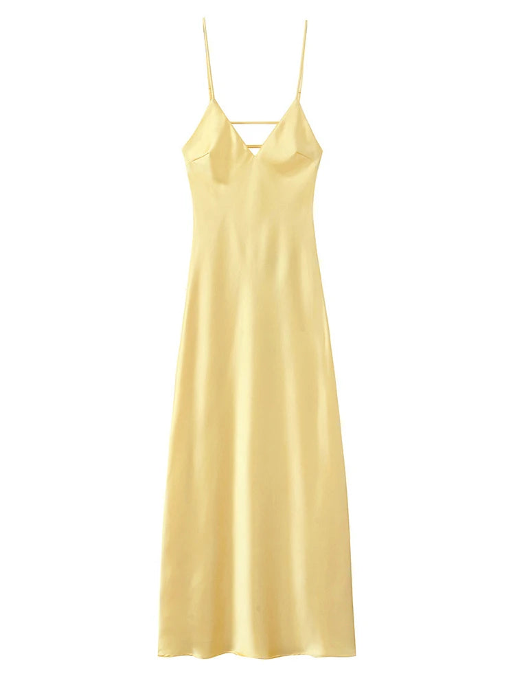 Elegant Satin Pink Women's Long Dresses Fashion Sleeveless Backless Slim Fit Hem Midi Dress Summer Female Holiday Robes 2026