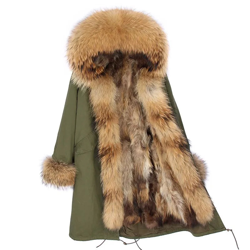 Maomaokong Winter Woman Natural Fur Overcoat Plus Size Black Parkas Raccoon Real Fur Lining Extra Larg Warm Jacket Coats Long